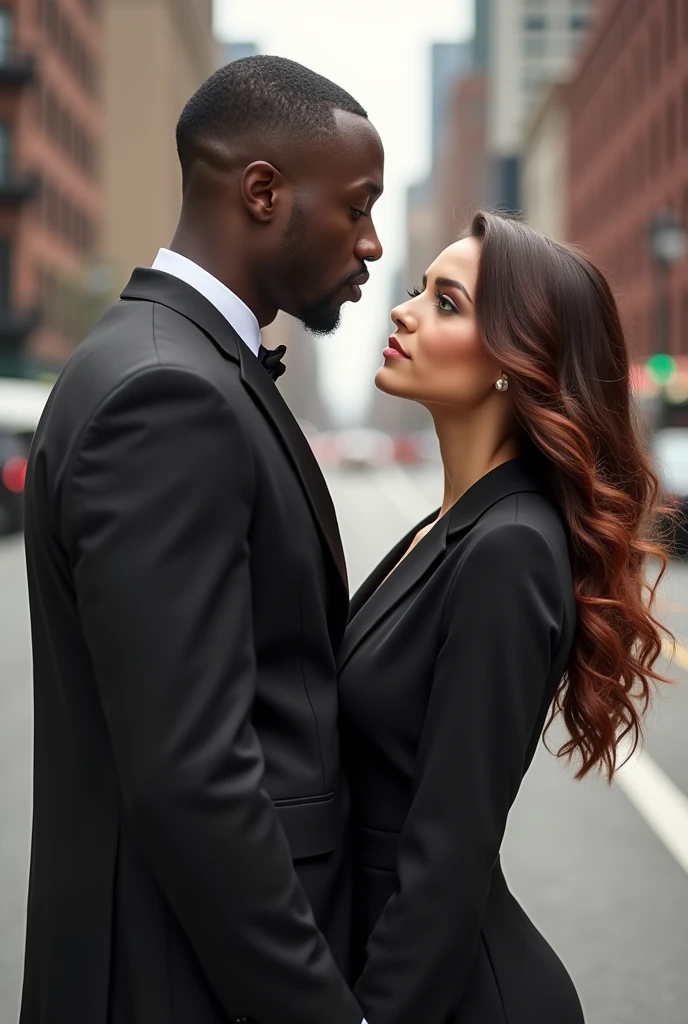 A couple formed by a young black man with fine features, straight hair cut low, thin moustache, super tall stature, thin but with a muscular body, wearing formal clothes and an extremely white woman, greeneyes, short stature, wide body with wide hips and big buttocks, Waist slender. Wearing a long dress with long sleeves covering her arms. Wavy hair in light brown with a hint of red. The two are in New York looking at each other posing for the photo.