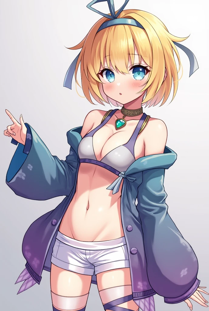 (masterpiece:1.28), best aesthetic, best quality, 1girl, solo, kagamine rin \(append\), headphones, arm warmers, vocaloid append, detached sleeves, leg warmers, short hair, blonde hair, blue eyes, kagamine rin (append), headband, hair ribbon, black sleeves, gradient clothes, bare shoulders, clothing cutout, hair ornament, navel, navel cutout, see-through sleeves, swept bangs, full body, pendant choker, white shorts,