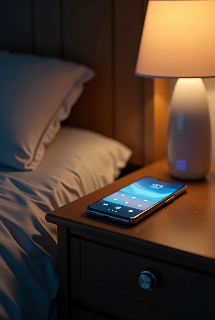Cell phone that turns on when a call is made on a bedside table next to the bed