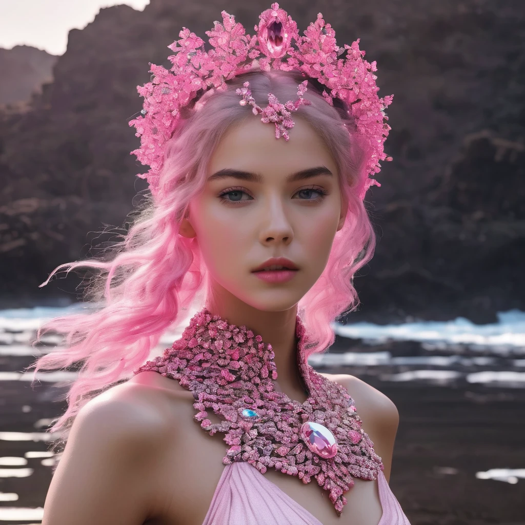 、A girl in a swimsuit made of pink jewels、masterpiece, 8k, Perfect quality , Realistic,Ultra-crisp details , Detailed Background   