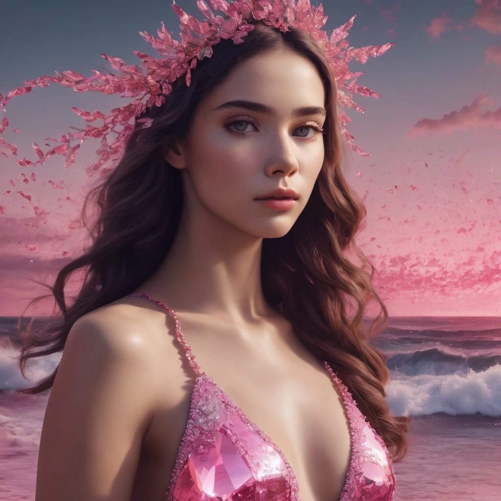 、A girl in a swimsuit made of pink jewels、masterpiece, 8k, Perfect quality , Realistic,Ultra-crisp details , Detailed Background