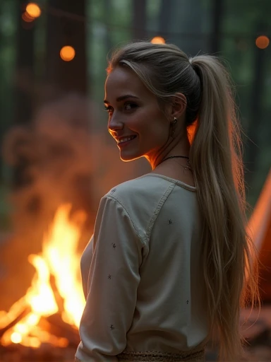(masterpiece, UHD. Photorealistic)  extremely detailed, an ultra hot gorgeous European woman. 2 french model, in the night:1.2, warm hue, warm tone, ivory long sleeve shirt:1.2, with stars and milky way trails:1.1, sitting near campfire, in forest, real steam visible, smoke, shadows, tent, ultra detailed face, twintails:1.1, blonde hair, pale skin, busty breasts, joyful smile:1.1, dynamic pose
