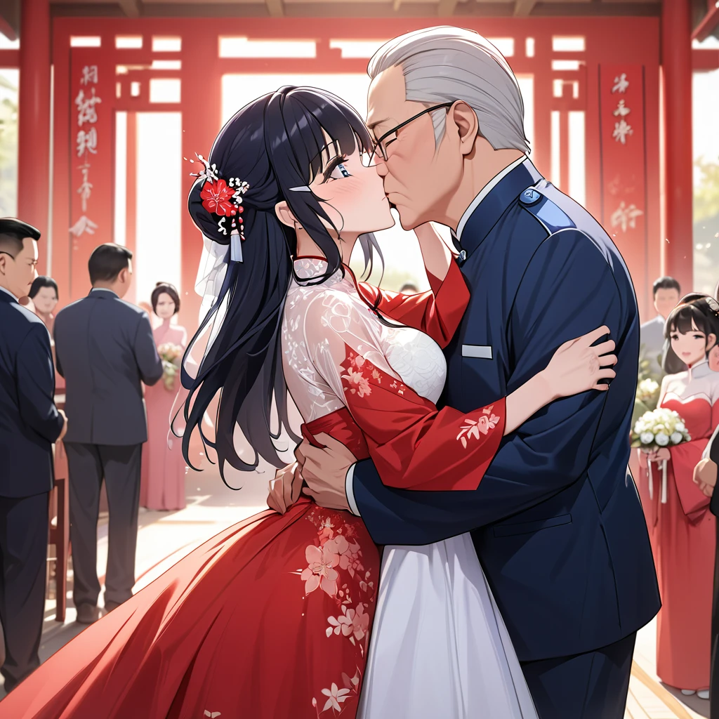 ((Highest quality)), ((masterpiece)), (detailed), （Perfect Face）、The woman is Aoki Reika, with medium-long hair, wearing a red Chinese wedding dress and an engagement ring.、The woman married a middle-aged man who is a member of the Chinese Communist Party, and they embraced each other, kissed each other, and held a grand wedding ceremony.