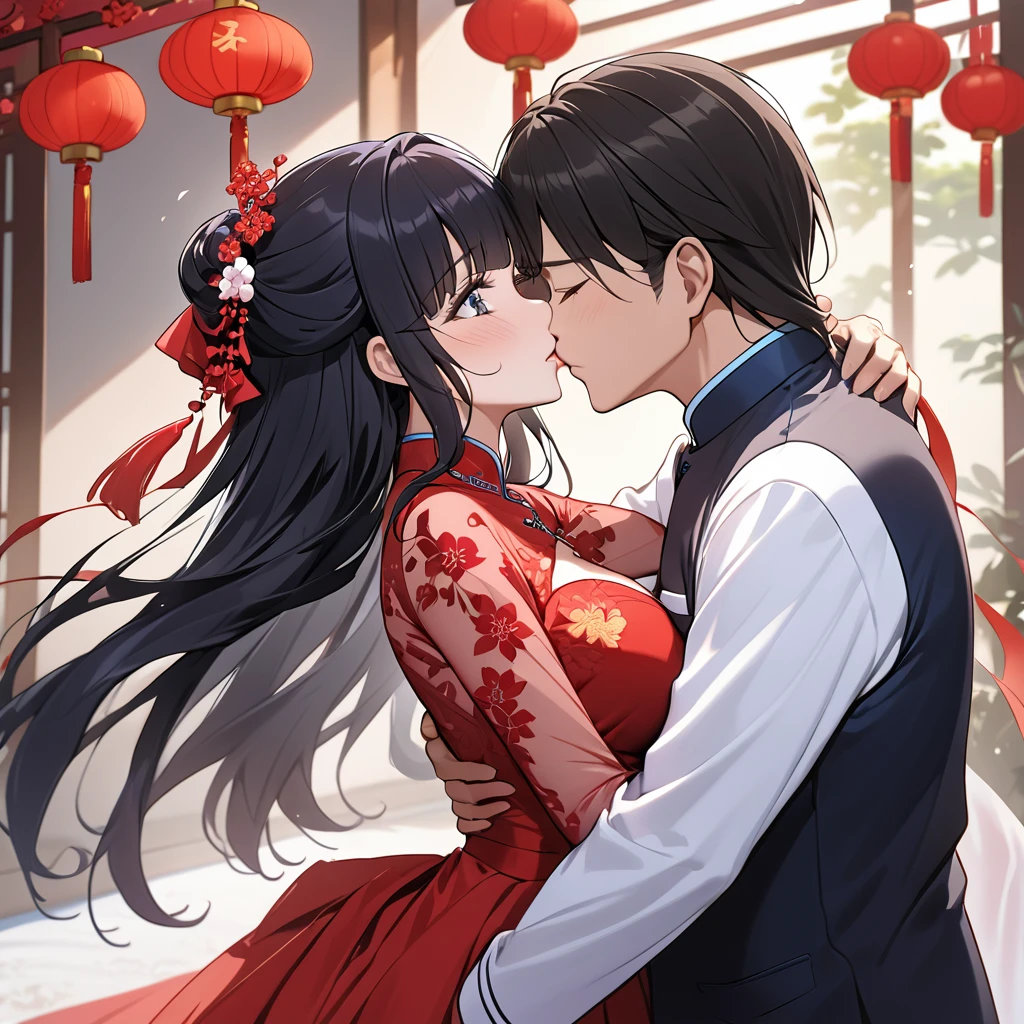 ((Highest quality)), ((masterpiece)), (detailed), (Perfect Face)、The woman is Aoki Reika, with medium-long hair, wearing a red Chinese wedding dress and an engagement ring.、The woman married a middle-aged man who is a member of the Chinese Communist Party, and they embraced each other, kissed each other, and held a grand wedding ceremony.