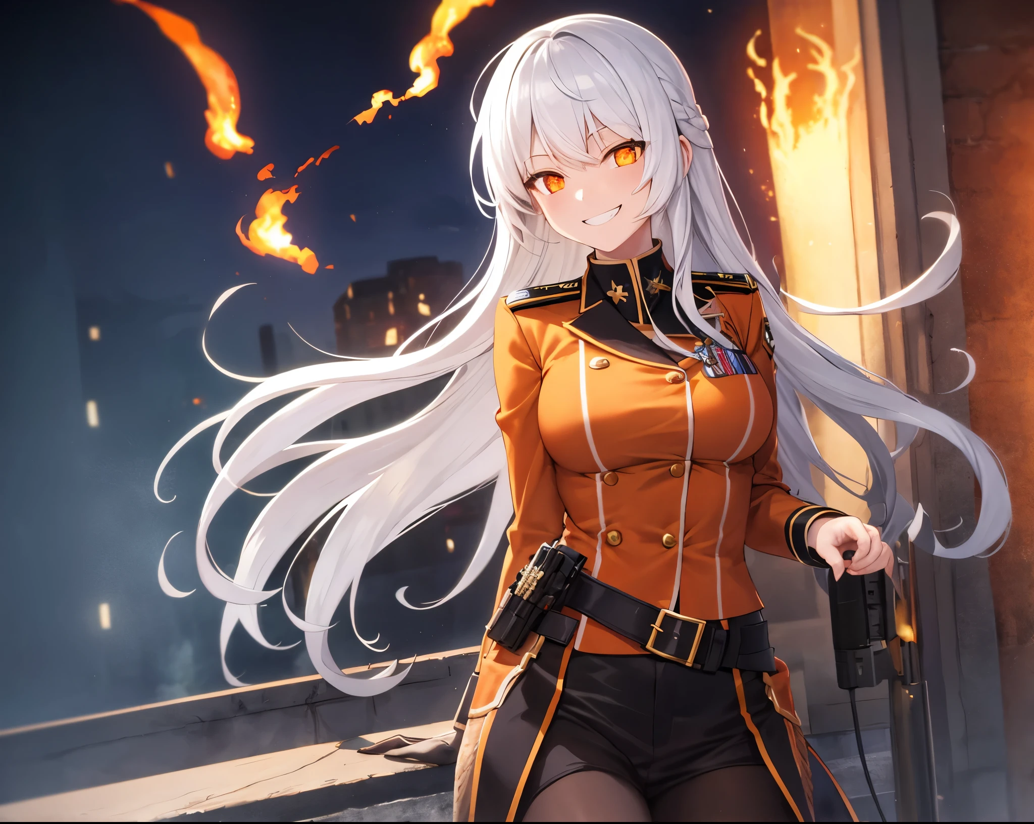 White hair, orange mesh in hair, orange eyes, girl, military uniform, flames, grinning, night battlefield, from the waist up, alone