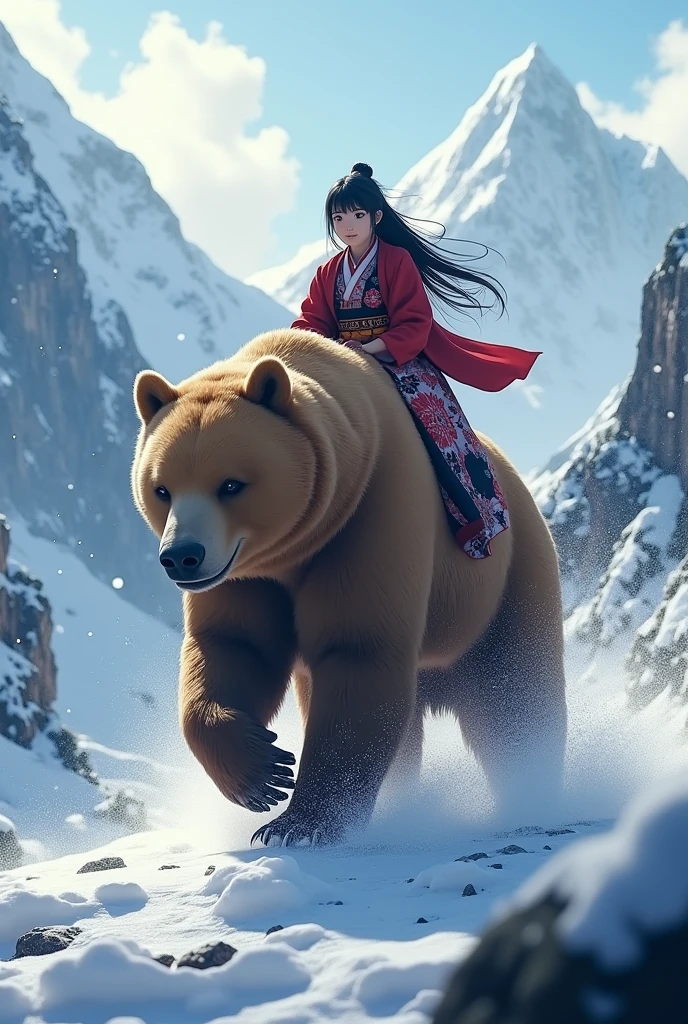8k,wallpaper of extremely detailed CG unit, ​masterpiece,hight resolution,top-quality,top-quality real texture skin,hyper realisitic,increase the resolution,RAW photos,best qualtiy,highly detailed,the wallpaper,cinematic lighting,ray trace,golden ratio, BREAK ,1girl\(Nakoruru\(samurai sprits,samurai show down\),long black hair, Ainu folk costume, smiling\) sitting on a brown bear running at great speed through the wilderness\(snowy mountains\) of Hokkaido, frontal angle,dynamic angle, powerful composition, concentrated lines, scattered snow