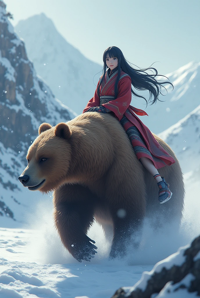 8k,wallpaper of extremely detailed CG unit, masterpiece,hight resolution,top-quality,top-quality real texture skin,hyper realisitic,increase the resolution,RAW photos,best qualtiy,highly detailed,the wallpaper,cinematic lighting,ray trace,golden ratio, BREAK ,1girl\(Nakoruru\(samurai sprits,samurai show down\),long black hair, Ainu folk costume, smiling\) sitting on a brown bear running at great speed through the wilderness\(snowy mountains\) of Hokkaido, frontal angle,dynamic angle, powerful composition, concentrated lines, scattered snow