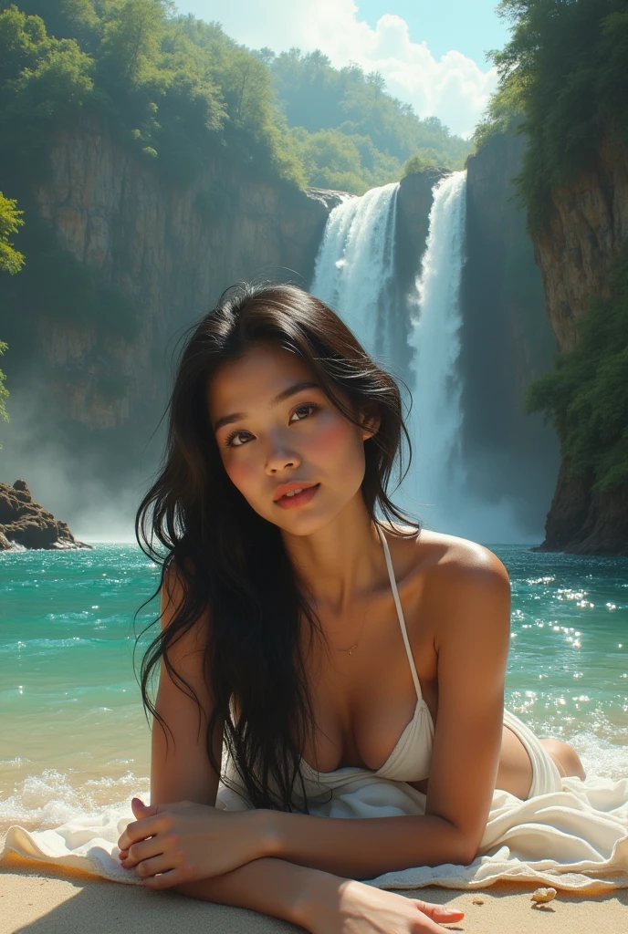(photorealism:1.2), A beautiful Filipino woman wearing a towel is lying on her stomach. have an extra body. The natural background is an open river with a beautiful waterfall and exotic cliffs. full body visible