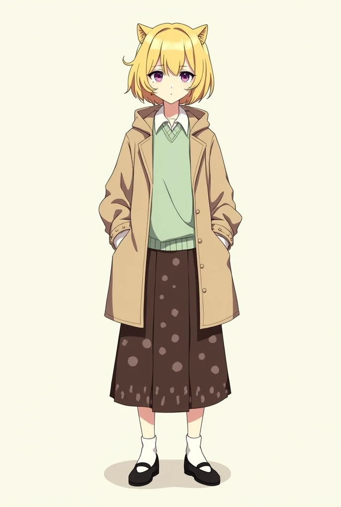 Solo, full body, danganronpa art style, teenage girl (), short blonde French Bob curled towards the face hair, 2 small stubby hair strands stuck out like horns or cat ears not meant literally, light purple eyes, dark eye bags, serious yet emotionless expression, big beige trench coat, white collar shirt underneath baggy pale green comfy sweater, Brown midi skirt with dark dotted pattern, black flat shoes with white socks.