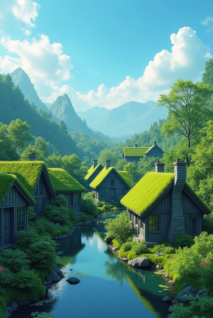 Realistic 8K image of a group of houses with green roofs (roofs covered with vegetation, like grasses and shrubs), with a greater focus on roofs. The image must have predominantly blue colors, highlighting the contrast between the green plants and the blue background.
