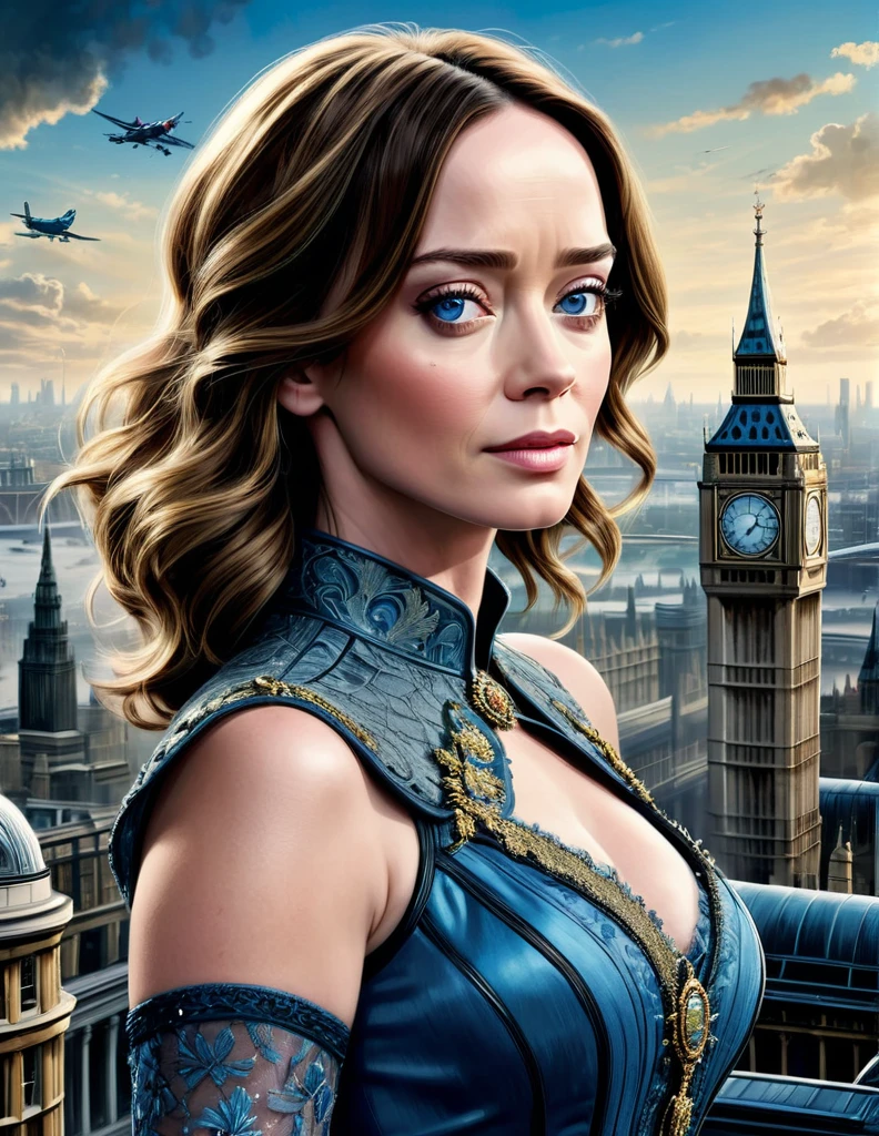 A perfect portrait picture of an enigmatic Emily Blunt with aerial background of London, insanely detailed and intricate, realistic style, Don Lawrence Style