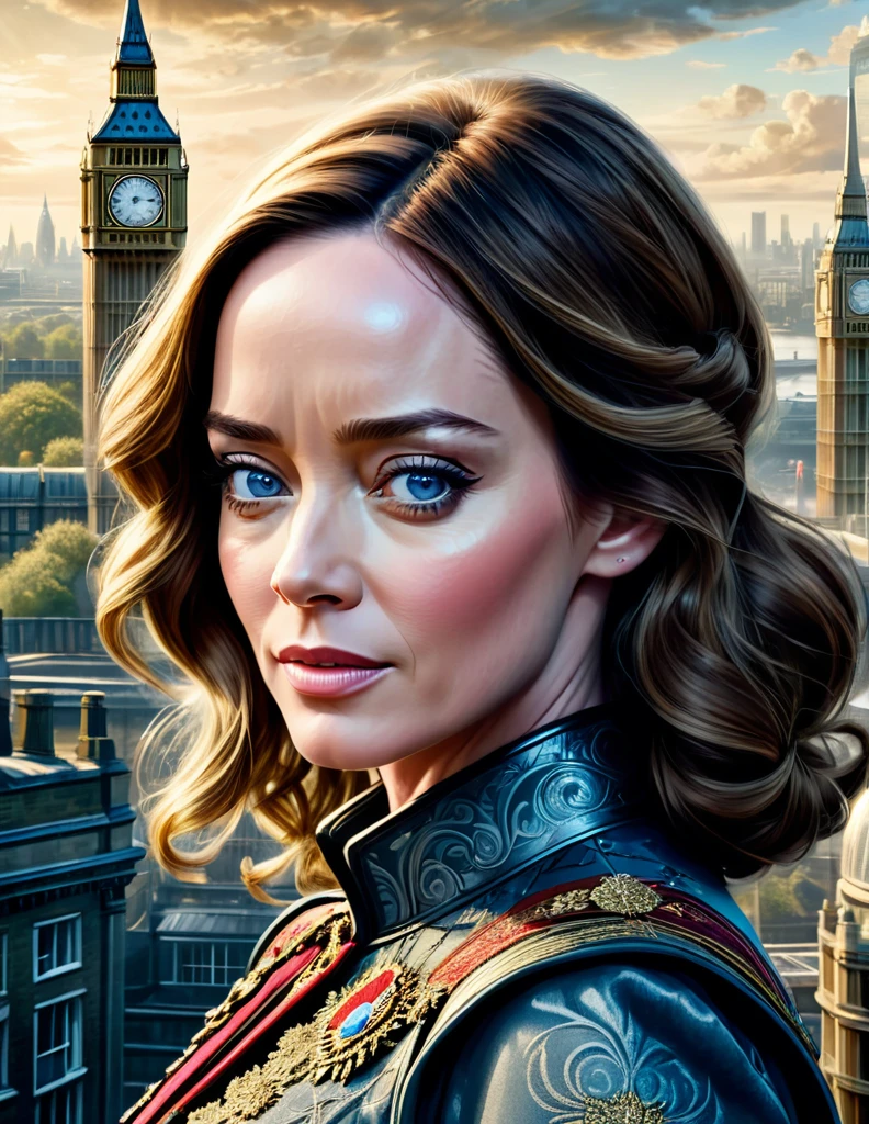A perfect portrait picture of an enigmatic Emily Blunt with aerial background of London, insanely detailed and intricate, realistic style, Don Lawrence Style