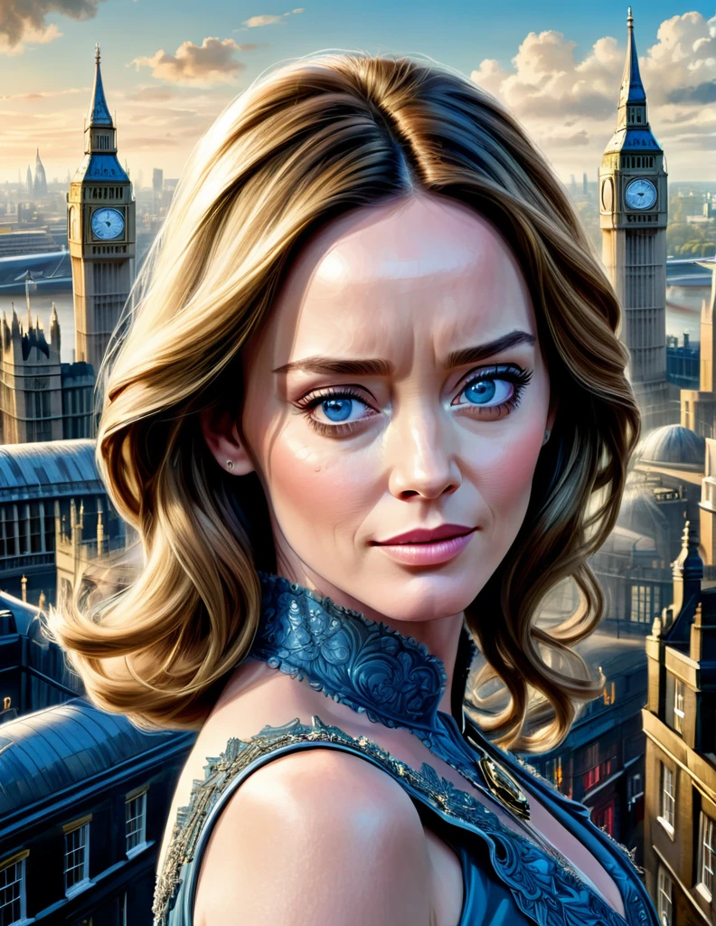 A perfect portrait picture of an enigmatic Emily Blunt with aerial background of London, insanely detailed and intricate, realistic style, Don Lawrence Style