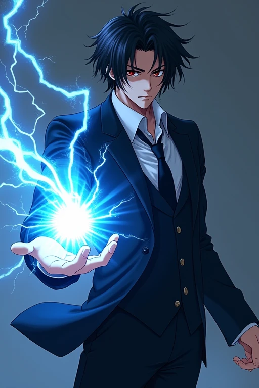 Black Hair,Black suit,male,Anime Style,Red Eye,He swings one of them and shoots a blue electric attack from his hand..