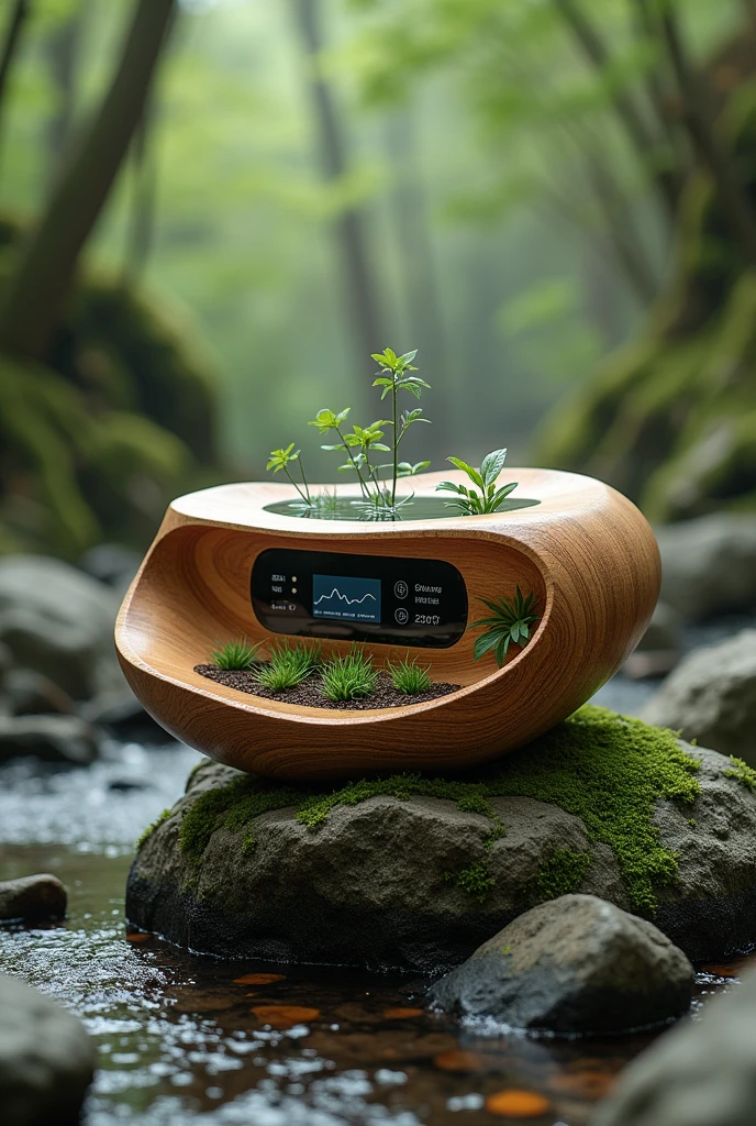 Imagine a device with an organic shape, made from sustainable materials and with a design that integrates with the natural environment. It could have a small screen to show data about the energy generated and the sounds captured., in addition to being weather resistant., a not very realistic drawing 