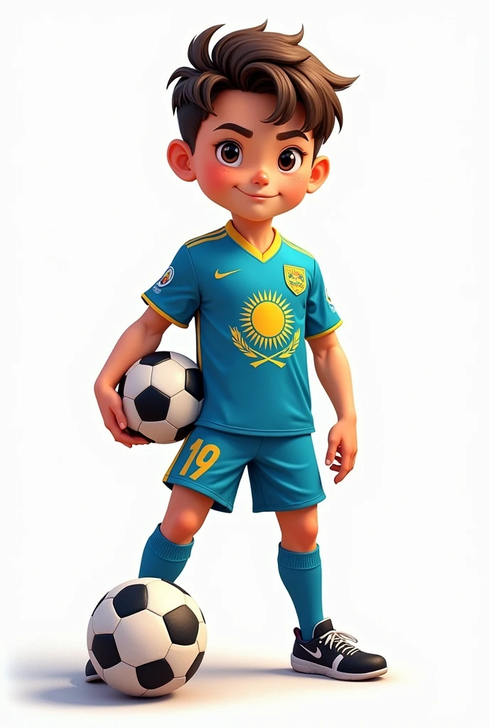 ((officially)) ((masterpiece)) ((Best quality)) ((detailed)) cartoon boy football player with ball in uniform with emblem flag of Kazakhstan on white background