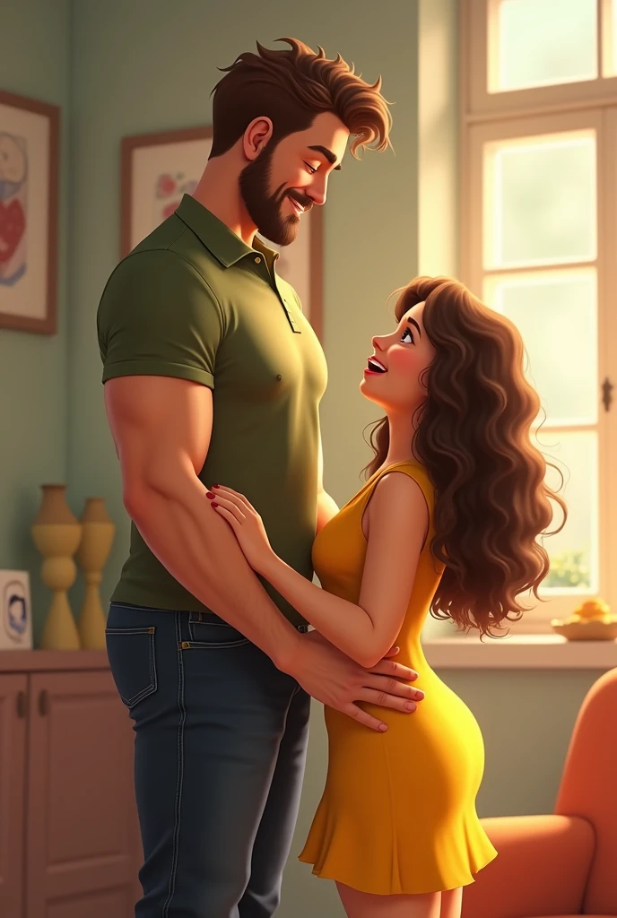 The boyfriend, 6 feet 2 inches tall, wearing an olive colored polo shirt. A girlfriend with a height of 5 feet wearing a yellow dress with curly hair. The girl is trying to put her hand on the boy's head but can't because the girl is fat and short. The boy is laughing and the girl is very irritated. they loves each other