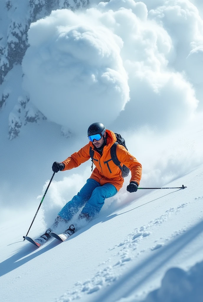 Lot of Large snow balls Toofan is on the air, it's ready to jump on a man and a 30 years Indian young man is ski down with poles on the snow hills of mountain, he wears helmet, glasses. he wears orange jacket, blue pant, shoes.