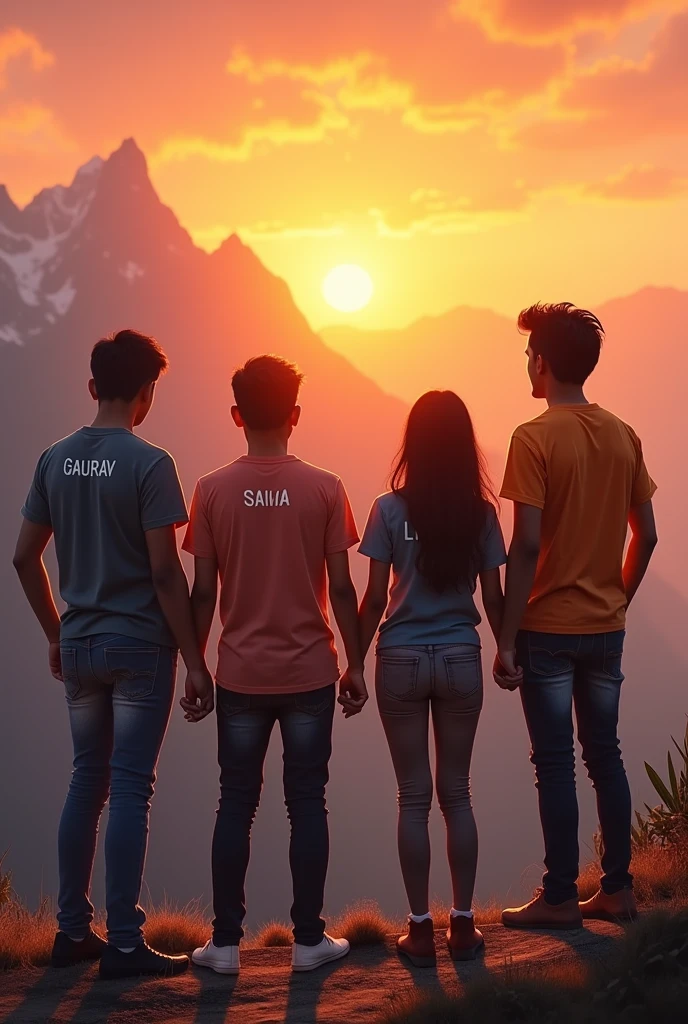 Imagine A group of 4 friends. Three boys and one girl friends group. Boys are wearing different types of premium sirf , jeans and shoes in mens costume "Gaurav", "Likhil" and " livas" written on there sirts and in girl sirt "Saima" written on it . Those are bestest friends and they are watching sunset with holding hands they are in the mountain .