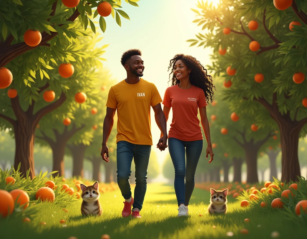 Un homme noir et son amoureux noir souriant se baladant dans une grande forêt fruitière
On peut voir le mot Ivan sur le t-shirt de l’homme et Florence sur le t-shirt de la femme
On peut aussi voir des petits animaux à côté