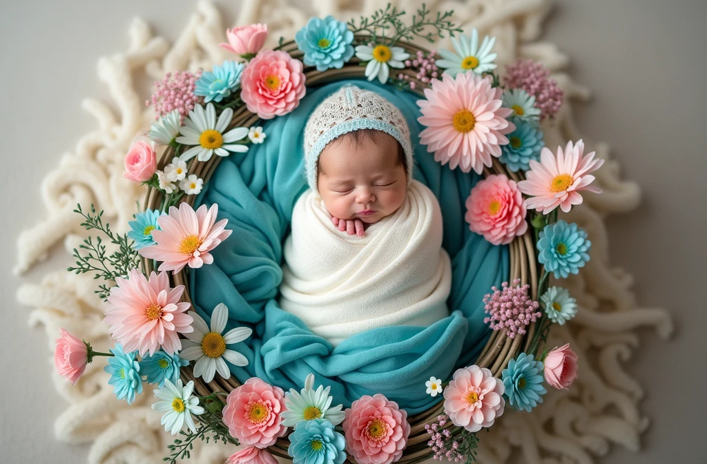 arafed  wrapped in a blanket in a basket with flowers, a portrait inspired by Anne Geddes, shutterstock contest winner, art photography, wrapped in flowers, wrapped in cables and flowers, photo of a beautiful, wrapped in flowers and wired, maternal photography 4 k, fully covered, cyan photographic backdrop, close full body shot, full protrait