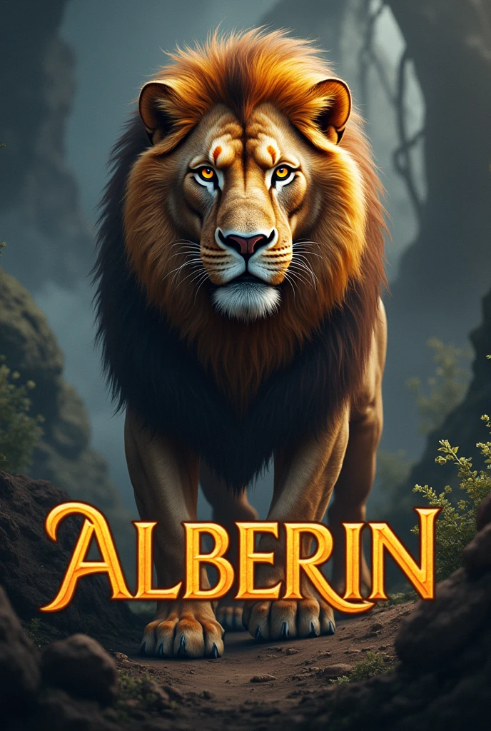 draw me the name "ALBERIN" with a lion behind