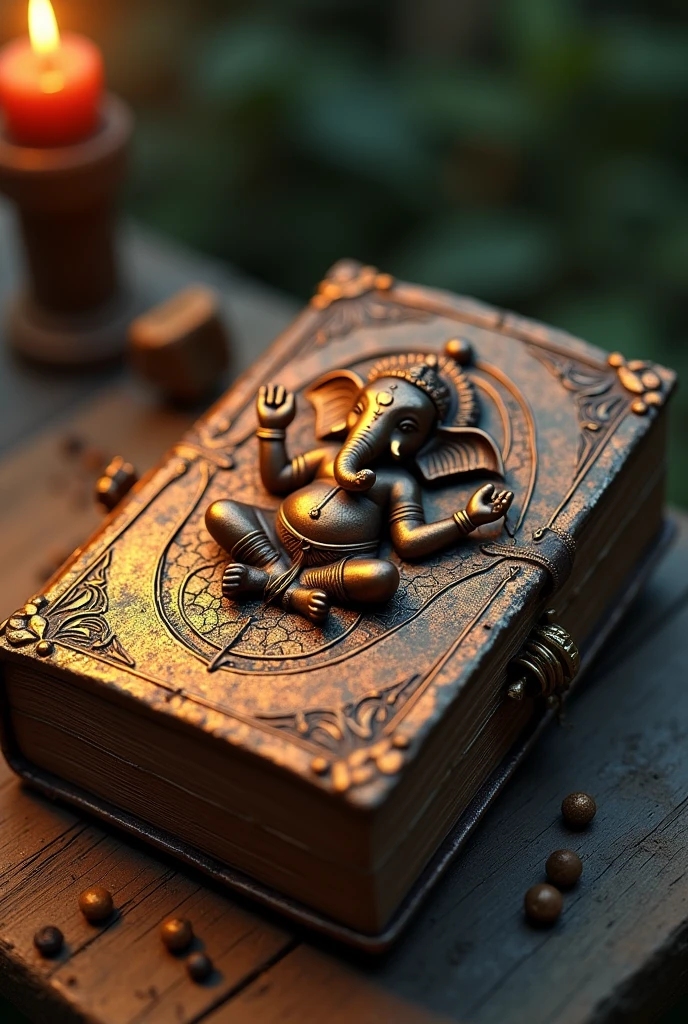 The book should be closed kept on the table and must have the image of lord Ganesha on it. The cover should be made of rusty copper with a golden shade.Now open the book and 10 people are trapped in the book as miniature characters.