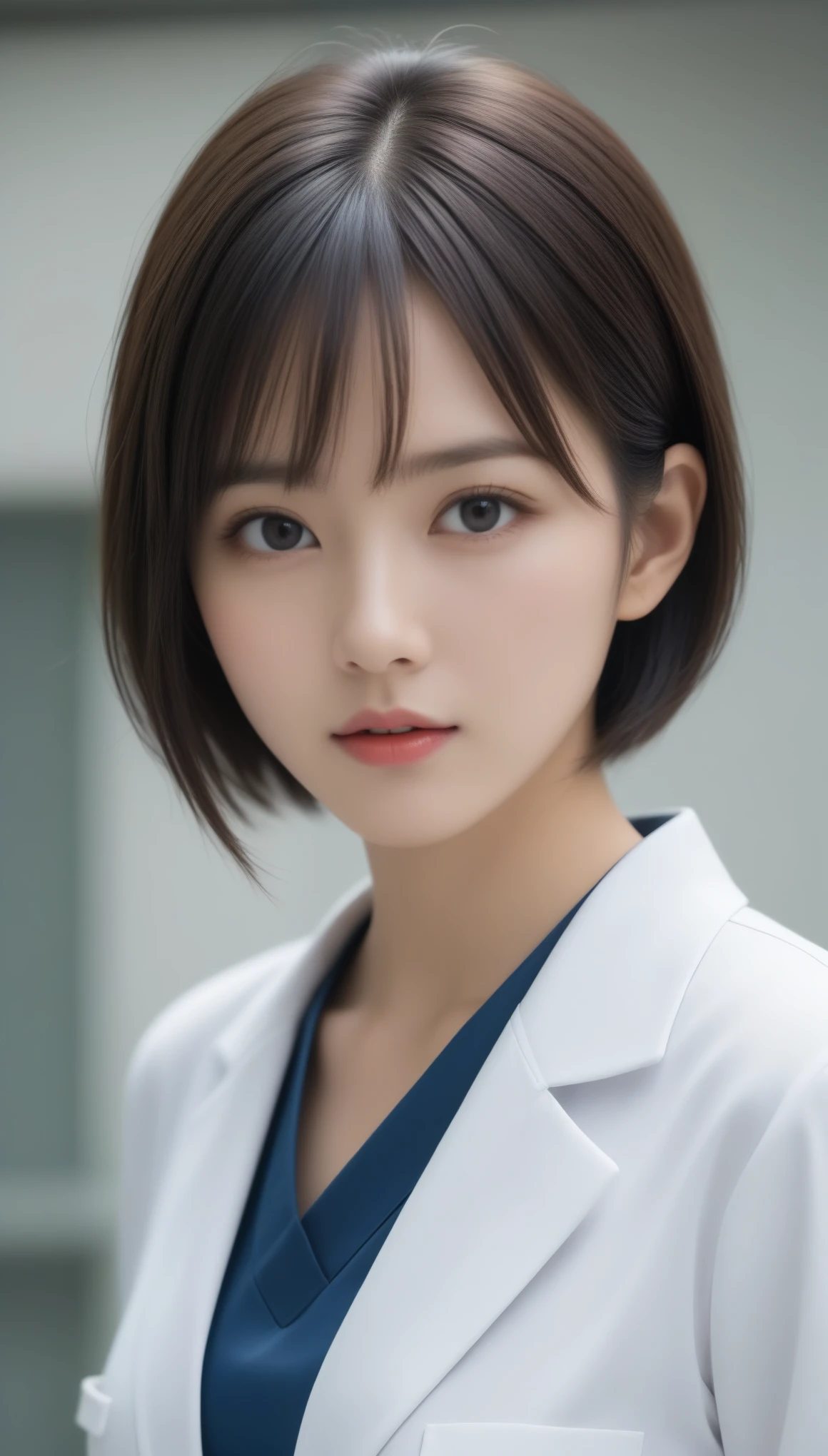 8k, Ultra-high resolution, Highest quality, masterpiece, 三分割法によるphotograph,Surreal, photograph, 1 , (:1.3), cute, cute顔, 細部までBeautiful Eyes, 細かくdetailedに,masterpiece,One Girl:1.2,Japanese women,nurse,upper body,glaring,Black short hair,Bowl cut,ID photo,((Humanoid Android)),(Nurse uniform of the future:1.3),Mechanized body,cyber punk,Eccentric,Medical Treatment Room,white collar,(Beautiful attention to detail),Subtle details, detailedな顔,anger,Attractive eyes,(ポートレートphotograph:1.4),(Photorealistic images:1.4),Fantasy art,(Beautiful Face:1.4),美しくAttractive eyes、Beautiful Eyes,Silver residue,(Tight waist:1.4)、(Beautiful with perfect body proportions:1.4),Pink Lips,profile,(((Ideal body type))),A-cup small breasts :2,、Portraiture:2、Perfect Anatomy、鮮明なdetailed、detailed,Fashion magazine cover,Thin lips,完璧でBeautiful Face ,完璧でcute顔, Skin with attention to detail, Perfect limbs、Narrow waist,Surreal,Light and shadow,spotlight