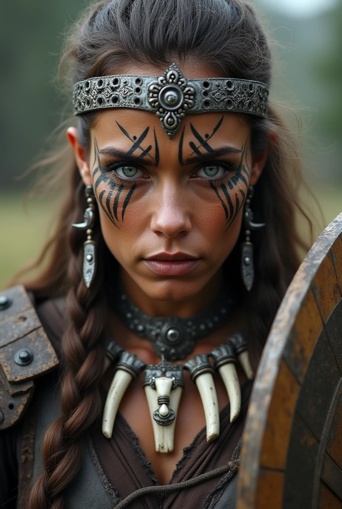 Close up face of beautiful viking queen, wooden shield in hand, eagle crown , tribal design on the eyes, Angry, bone ornaments on the neck, battle armor, focused