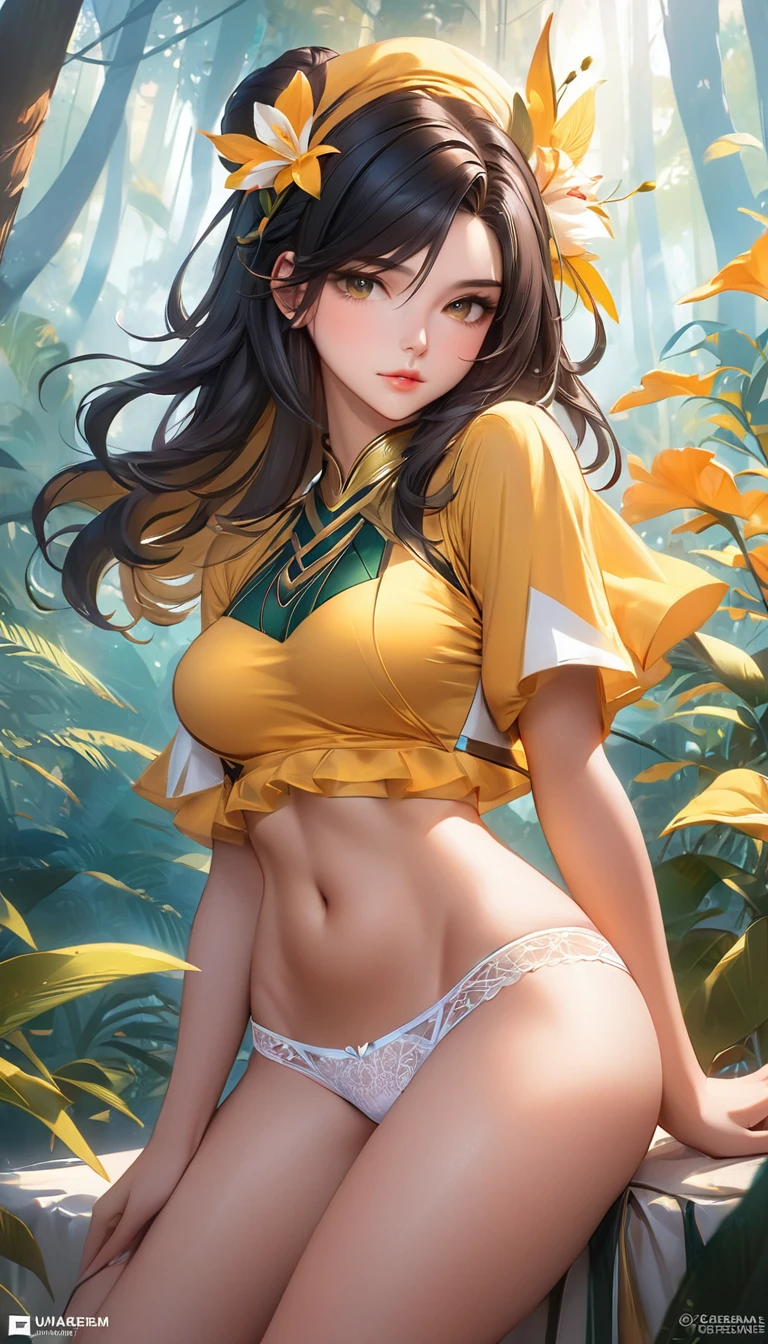 white lace panties, perfect hips line, exposed belly, exposed hips, exposed thighs, exposed legs, looking away, perfect hips line, exposed belly, exposed hips, exposed thighs, uma mulher de calcinha posando na floresta, Senna do League of Legends, artgerm extremamente detalhado, Ross Draws 1. 0, estilo artgerm, Ross Draws 2. 5, artgerm e rossdraws, wlop rossdraws, artgerm e atey ghailan, pintura digital rossdraws, :: rossdraws, fanart melhor estação de arte
