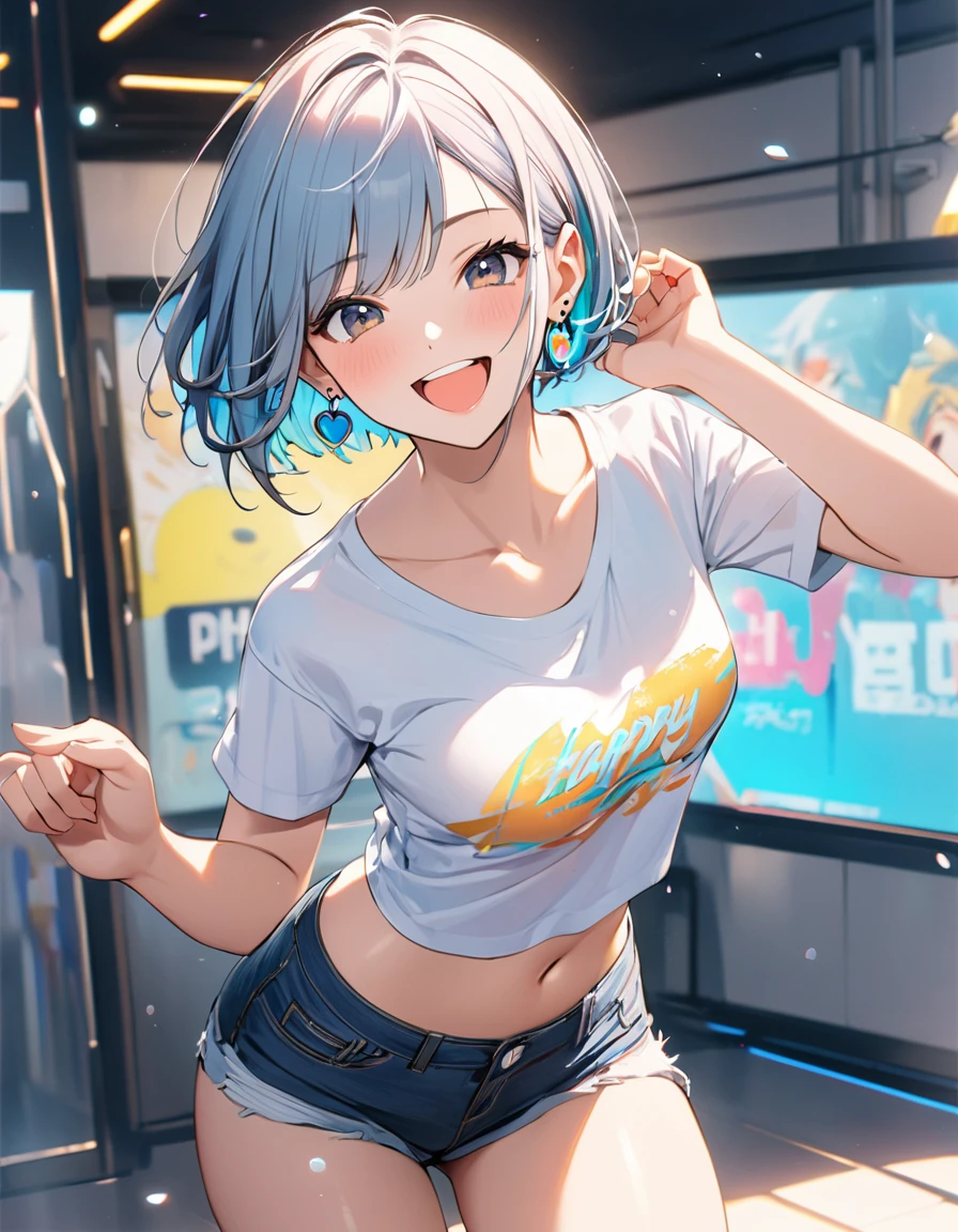 1girl, best quality, beautiful, short hair, 8K, act cool pose, happy, shirt, earrings, perfect body, concept, full color
