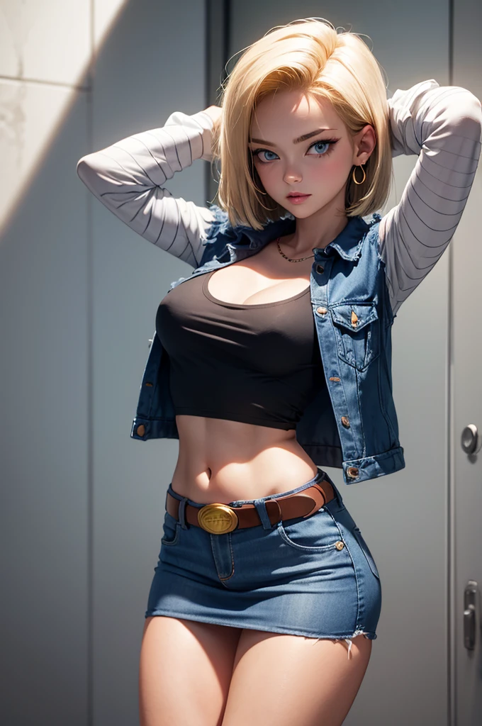 1girl,arms behind head,   android 18, blonde hair, blue eyes, eyelashes, hoop earrings, short hair, earrings, belt, black legwear, black shirt, breast pocket, cleavage, collarbone, denim, denim skirt, high-waist skirt, jewelry, long sleeves, pocket, shirt, shirt tucked in, skirt, striped, striped sleeves, waistcoat,,