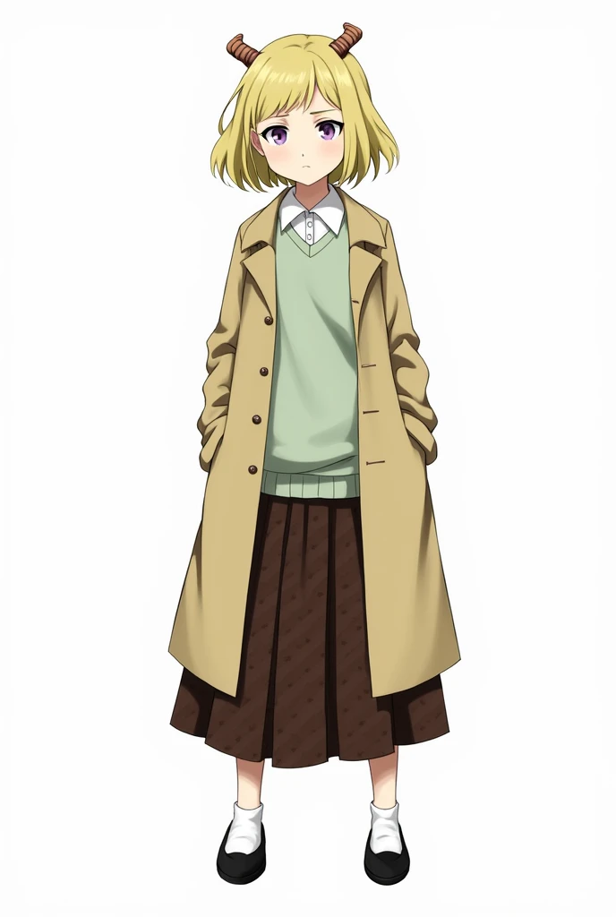 Solo, full body, danganronpa art style, teenage girl (), short blonde French Bob curled towards the face hair, 2 small stubby hair strands stuck out like horns not meant literally, light purple eyes, dark eye bags, serious yet emotionless expression, big beige trench coat, white collar shirt underneath baggy pale green comfy sweater, Brown midi skirt with dark dotted pattern, black flat shoes with white socks.