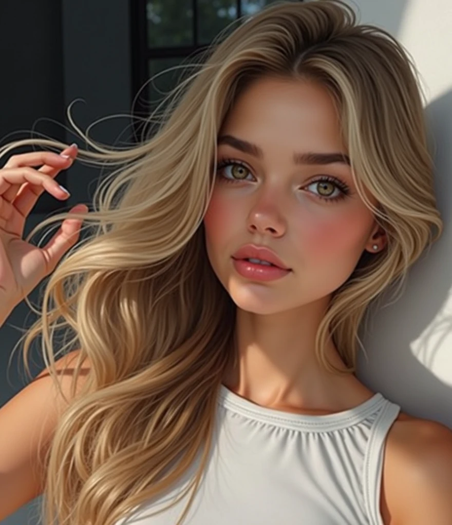 Blonde , au yeux marron clair , visage magnifique , le plus réaliste possible , poitrine moyenne , fesses rebondit , 20 ans