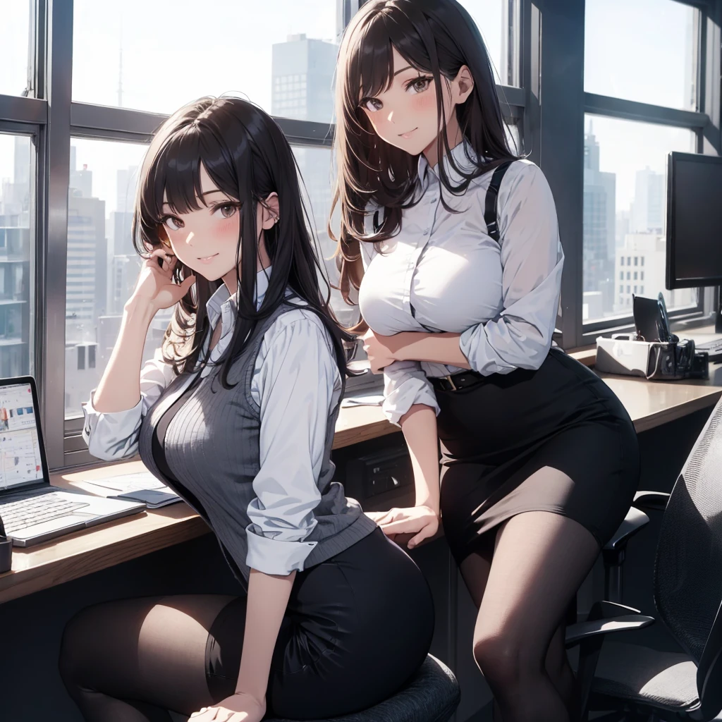 1lady sitting (crossed legs), office worker (stylish outfit), (gray vest) (pencil skirt), mature female, /(dark brown hair/) bangs, blush kind smile, (masterpiece best quality:1.2) delicate illustration ultra-detailed, large breasts, pantyhose BREAK (modern office indoors), window cityscape, detailed background