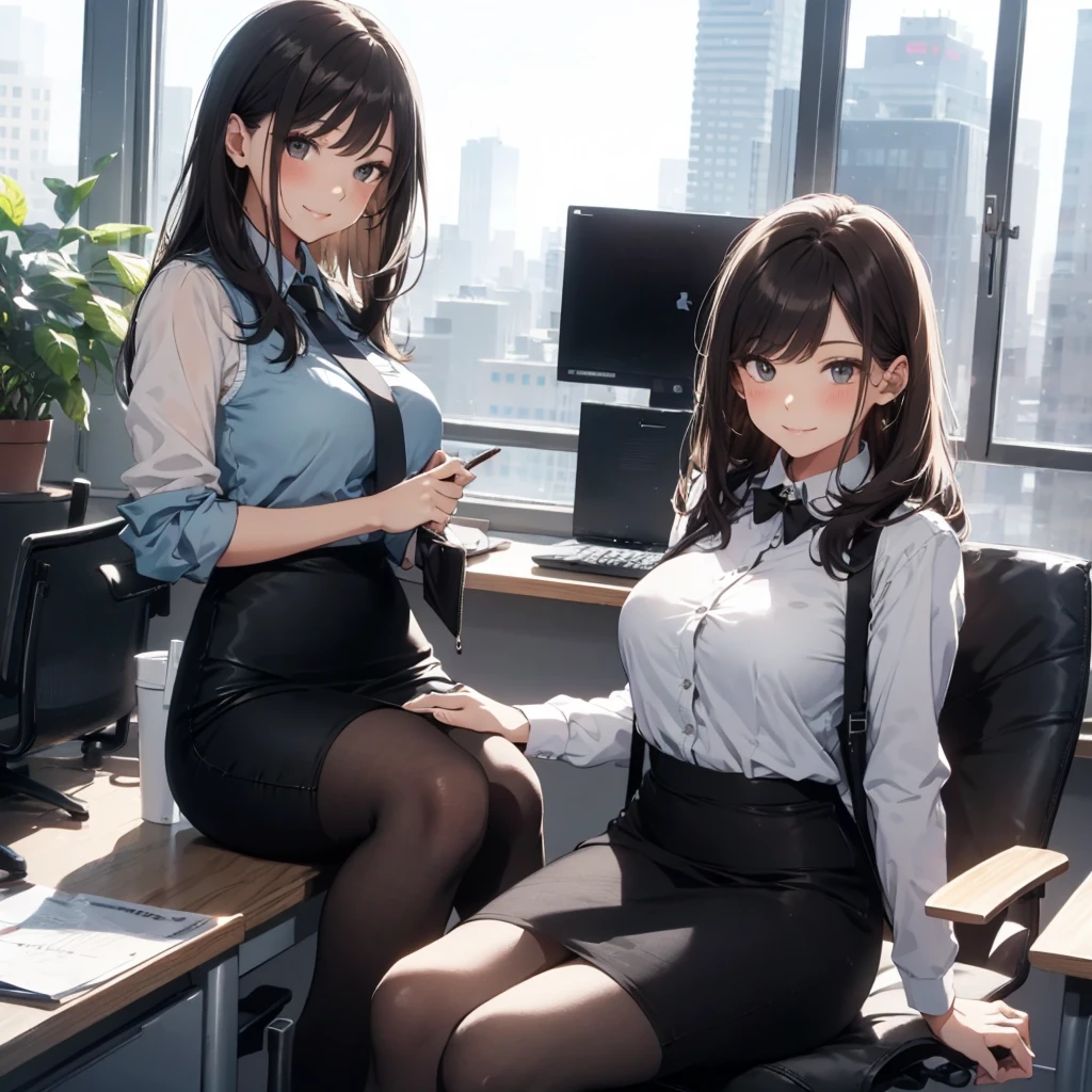1lady sitting (crossed legs), office worker (stylish outfit), (gray vest) (pencil skirt), mature female, /(dark brown hair/) bangs, blush kind smile, (masterpiece best quality:1.2) delicate illustration ultra-detailed, large breasts, pantyhose BREAK (modern office indoors), window cityscape, detailed background
