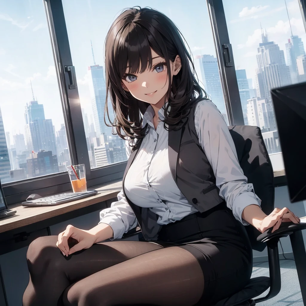 1lady sitting (crossed legs), office worker (stylish outfit), (gray vest) (pencil skirt), mature female, /(dark brown hair/) bangs, blush kind smile, (masterpiece best quality:1.2) delicate illustration ultra-detailed, large breasts, pantyhose BREAK (modern office indoors), window cityscape, detailed background