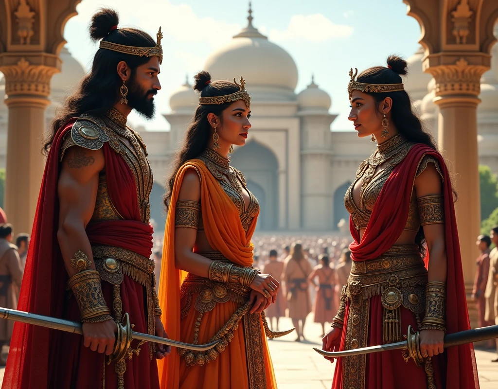 The two female rajput warrior talk male rajput warrior in our kingdom in the kingdom  , one male rajput warrior 