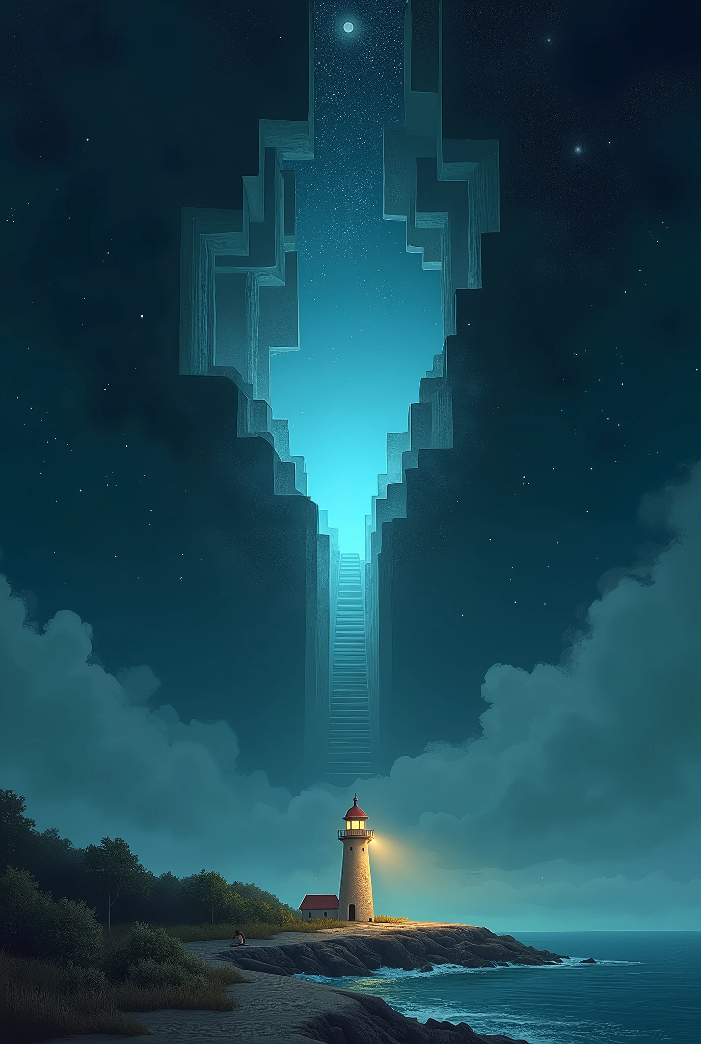 ラファル・オルビンスキー風のSurrealism芸術,Rafal Olbinski Style,Art by Rafal Olbinski,Surrealism, coastal, ((The night sky crumbles into blocks, and beyond them lies another space.:1.4, Blue sky in another space:1.2, Stairs to the sky)), Lighthouse lights, Night sky and blue sky, Minimalist art style,