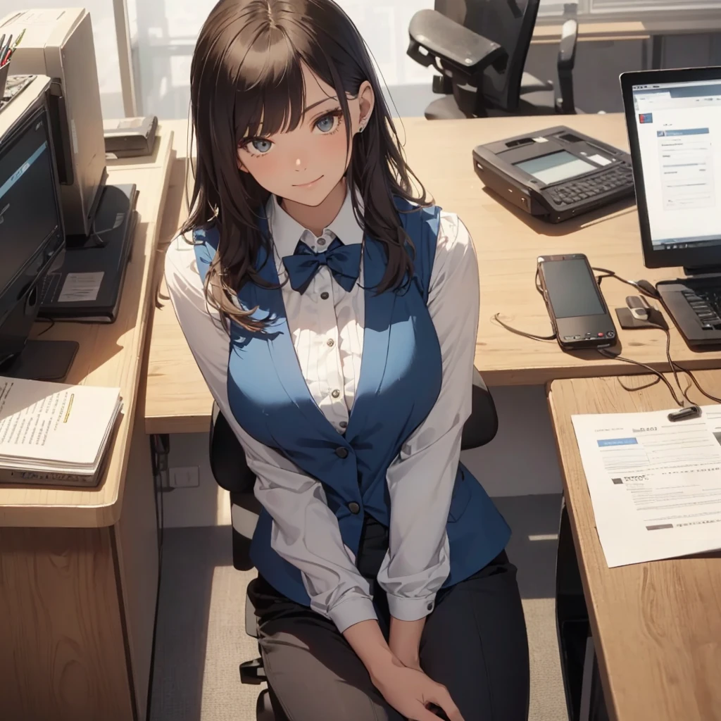 1lady solo, sitting, (from above), office worker, ((blue vest) over white dress shirt), mature female, /(dark brown hair/), kind smile, (masterpiece best quality:1.2) delicate illustration ultra-detailed, large breasts,bowtie BREAK (modern office) indoors, (reception desk), entrance, detailed background