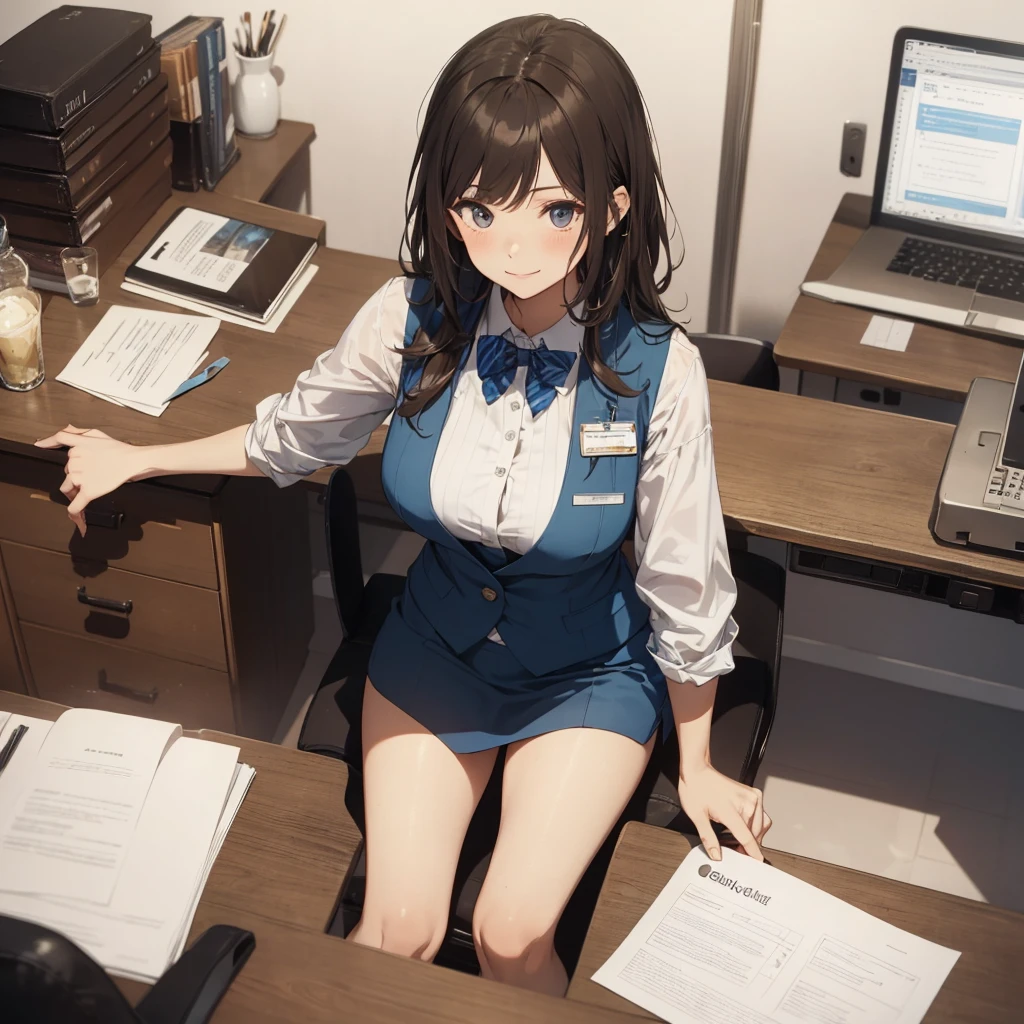 1lady solo, sitting, (from above), office worker, ((blue vest) over white dress shirt), mature female, /(dark brown hair/), kind smile, (masterpiece best quality:1.2) delicate illustration ultra-detailed, large breasts,bowtie BREAK (modern office) indoors, (reception desk), entrance, detailed background