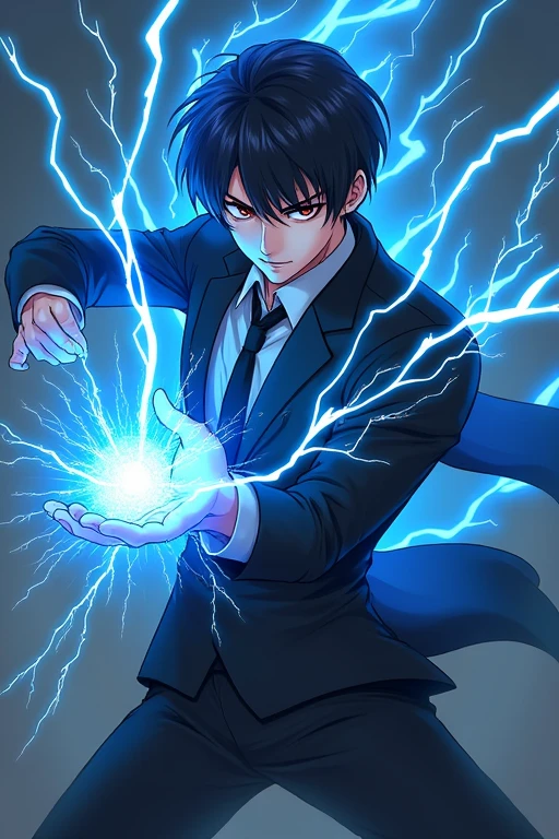 Black Hair,Black suit,male,Anime Style,Red Eye,He swings one of them and shoots a blue electric attack from his hand..