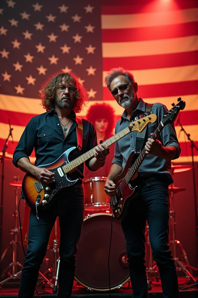 Two men with guitar and bass guitar and red head on drums with American flag background with fire and smoke