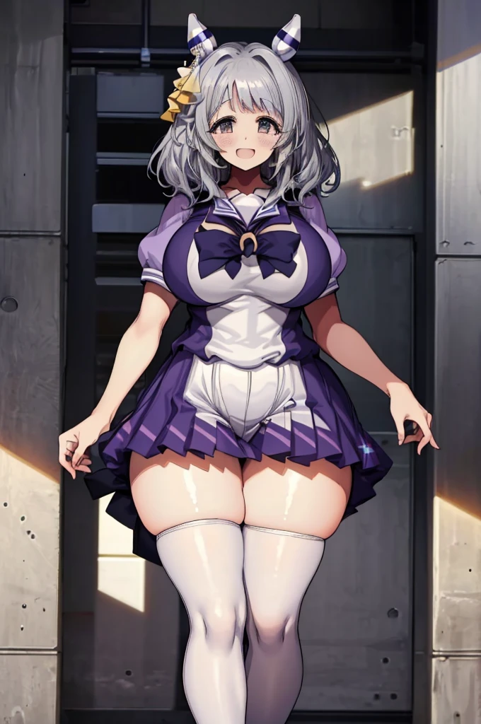 (((masterpiece))), ((Highest quality)), 1 person, One Woman, alone,Glowing Skin, Cowboy Shot,hishi miracle, horse ears, hair ornament, horse tail, tracen school uniform, purple shirt, puffy short sleeves, white skirt, white thighhighs, Gray Hair, Yellow Eyes、Detailed Eyes, (((Very large breasts)))、((Thick legs、))Are standing、smile、