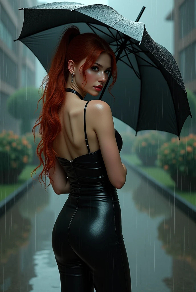 An attractive young woman with fair skin and red hair, long and wavy, tied in a high ponytail. She is where the rain, sexly. She holds an umbrella. Her body is curvy, fleshy lips, with wide hips and a thin waist
