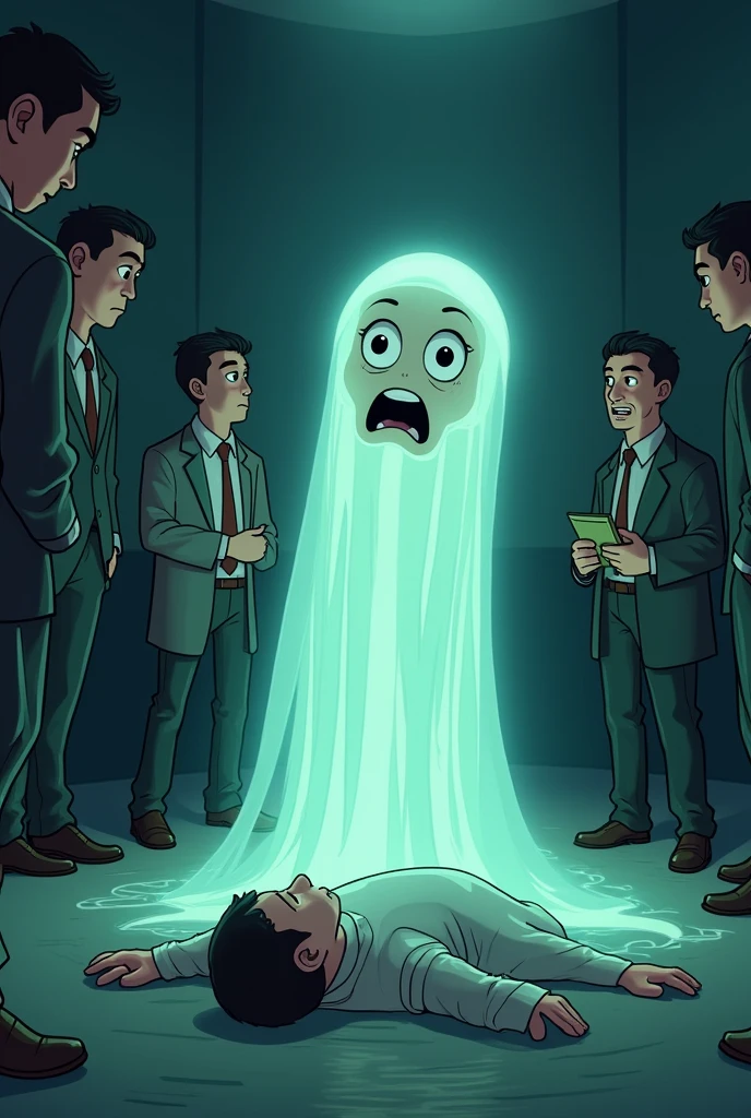 the spirit is wakeup from the dead body, the spirit is afraid of the man waiting near him and the men talking about for money,funny cartoon image, high resolution, realistic,8k