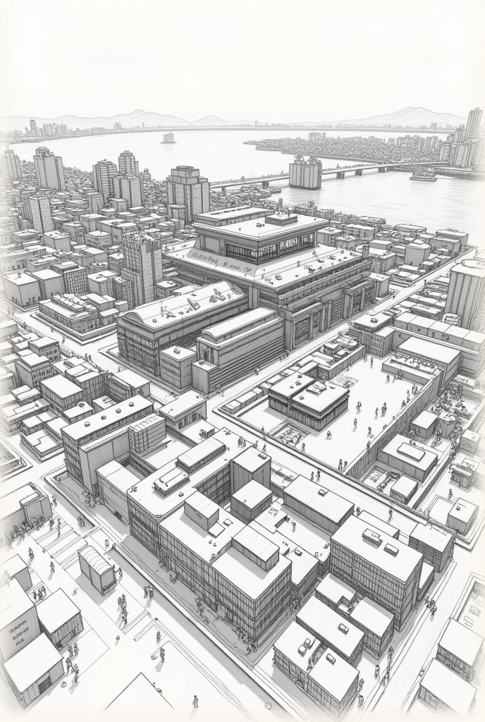 I need a model of a Toyota city seen from above,It must have a port,ramen shop and more stuff,that it looks more like a hand-drawn picture,Let's see some Toyota car factory,that looks like it was done in pencil,and that no Toyota brand cars are seen