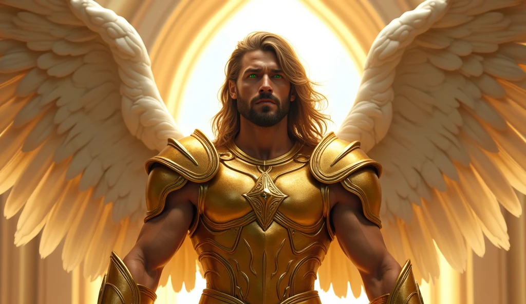 beautiful male angel with green eyes facing forward with huge wings looking forward, in the background the entrance to heaven, long straight hair with beard, with golden armor