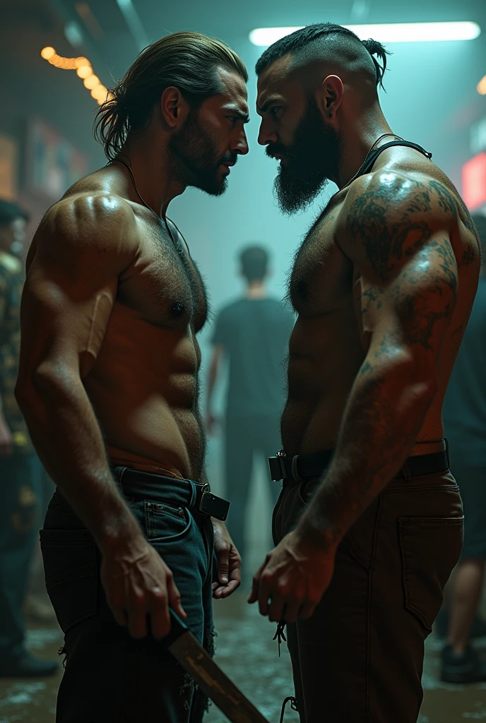 Make an image of the after party facing Michael Robinson. Make him disheveled and very muscular, without a shirt and with powers. Make the after party have a beard. Make the body and face as close to reality as possible and Michael Robinson is skinny., He's a killer, do it with dirty, disheveled hair and a knife., that he is wearing dirty and torn clothes and that the two of them are running against each other, Both of you make your face and body as close to real life as possible.
