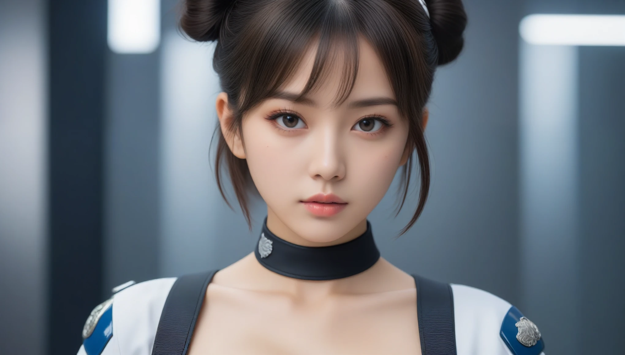 8k, Ultra-high resolution, Highest quality, masterpiece, 三分割法によるphotograph,Surreal, photograph, 1 , (:1.3), cute, cute顔, 細部までBeautiful Eyes, 細かくdetailedに,masterpiece,One Girl:1.2,Japanese women,Policewoman,upper body,glaring,Black short hair,Space buns,ID photo,(Police officer of the future:1.3),cyber punk,Future City,white collar,((Fusion of humans and androids)),((Fusion of humans and androids))(Beautiful attention to detail),Subtle details, detailedな顔,anger,Attractive eyes,(ポートレートphotograph:1.4),(Photorealistic images:1.4),Fantasy art,(Beautiful Face:1.4),美しくAttractive eyes、Beautiful Eyes,Silver residue,(Tight waist:1.4)、(Beautiful with perfect body proportions:1.4),Pink Lips,profile,(((Ideal body type))),A-cup small breasts :2,、Portraiture:2、Perfect Anatomy、鮮明なdetailed、detailed,Fashion magazine cover,Thin lips,完璧でBeautiful Face ,完璧でcute顔, Skin with attention to detail, Perfect limbs、Narrow waist,Surreal,Light and shadow,spotlight